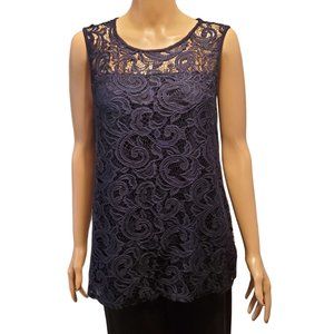 Adrianna Papell Sz M Navy Lace Front Stretch Back Sleeveless Top Office Teacher